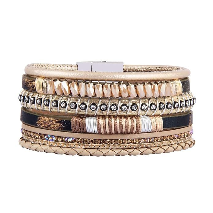 Popeoiuh Leather Bracelets for Women,Girl - Boho Cuff Bangle Crystal Wrap Wristband Handmade Jewe... | Amazon (US)
