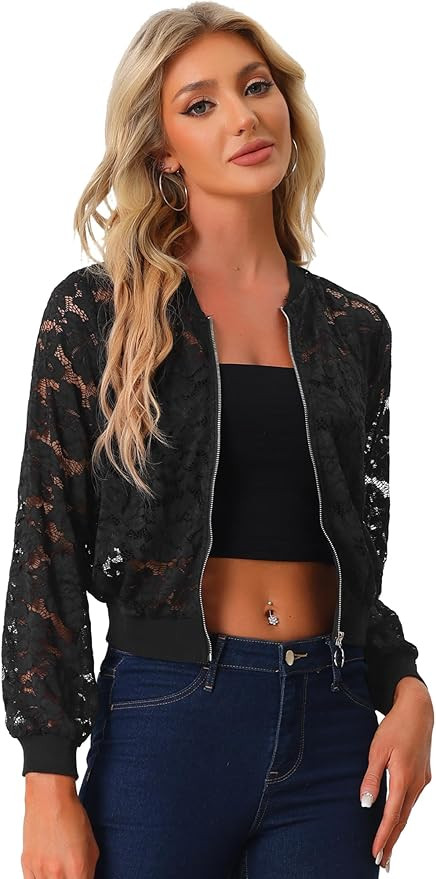Allegra K Lace Jackets for Women's Stand Collar Zip Up Mesh Sheer Bomber Jacket | Amazon (US)