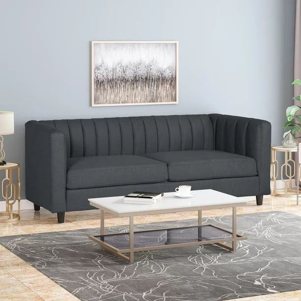 Noble House Ivan Contemporary Channel Stitched Fabric 3 Seater Sofa, Dark Gray, Dark Brown - Walm... | Walmart (US)