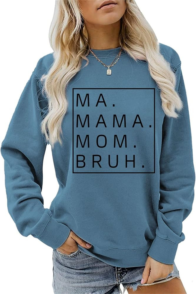 AI WEIER Mama Mommy Mom Bruh Sweatshirt Mom T Shirt Top Women Funny Letter Print Long Sleeve Pull... | Amazon (US)