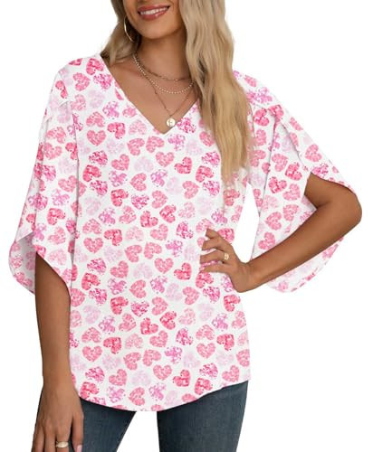 Jouica Valentines Day Shirts Women Love Heart Valentines Day 3/4 Ruffled Sleeve Chiffon Blouse Tops for Women,Pink Heart,X-Large | Amazon (US)