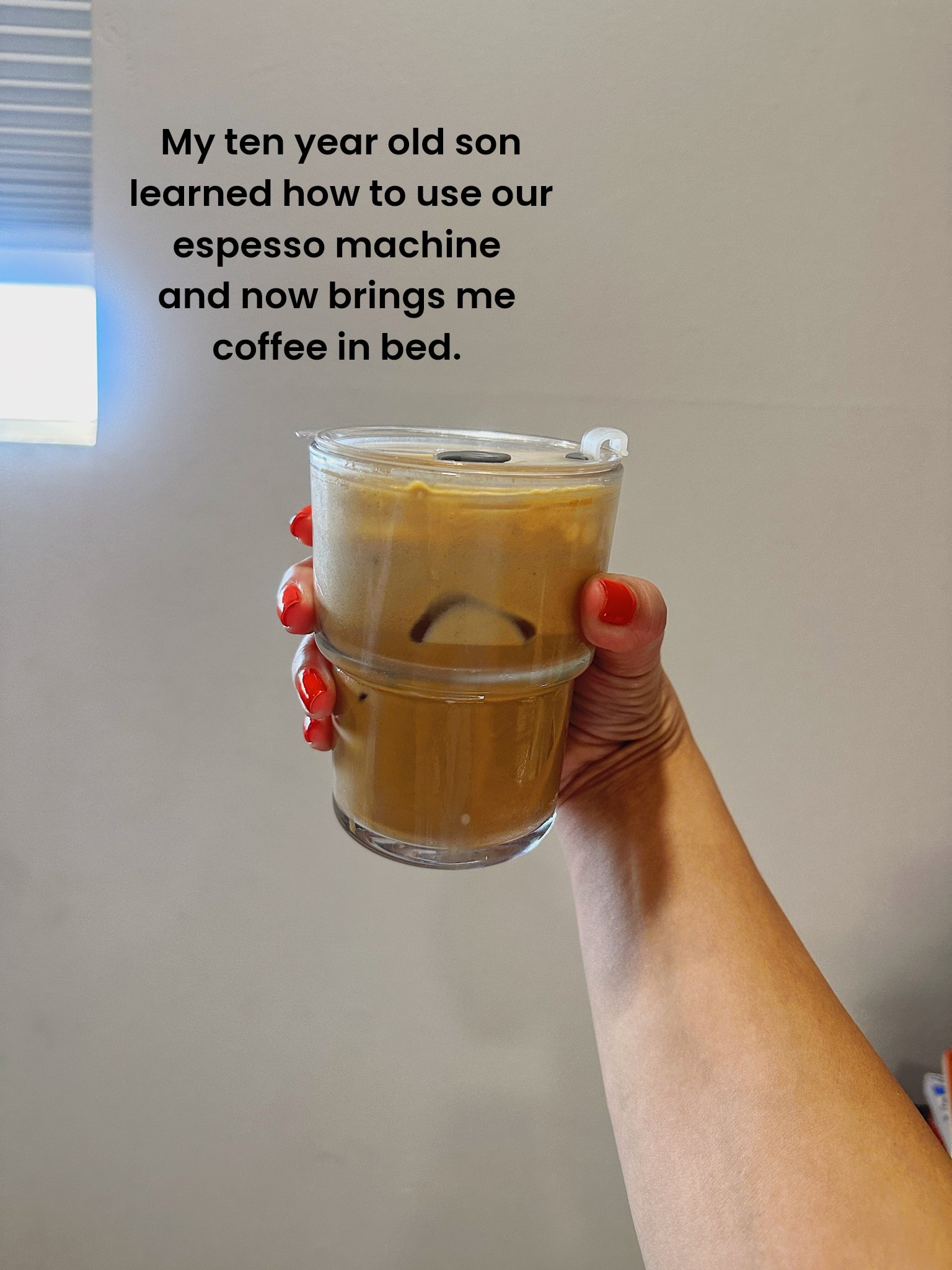 I think I won parenting, at least in this category! My 10-year-old son learned how to use our espresso machine and now brings me coffee in bed. These glass cups are from Amazon and with a lid, they are leak-proof. 🔗 in all the places. 

#LTKmomlife #LTKHome
