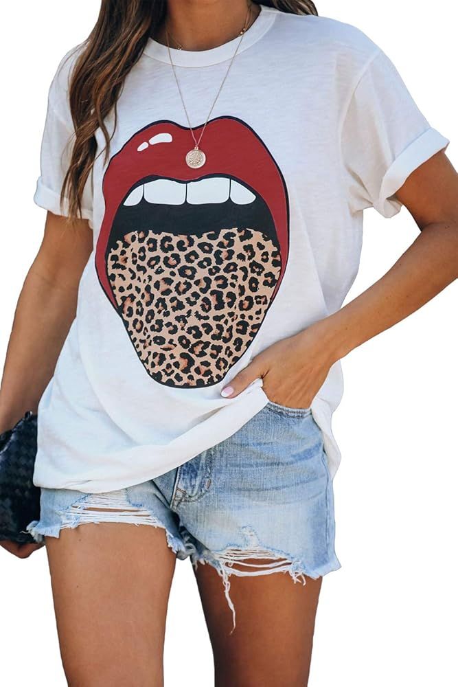 Yanekop Womens Red Lip Leopard Tongue Printed T Shirt Casual Cute Short Sleeve Tee Tops | Amazon (US)