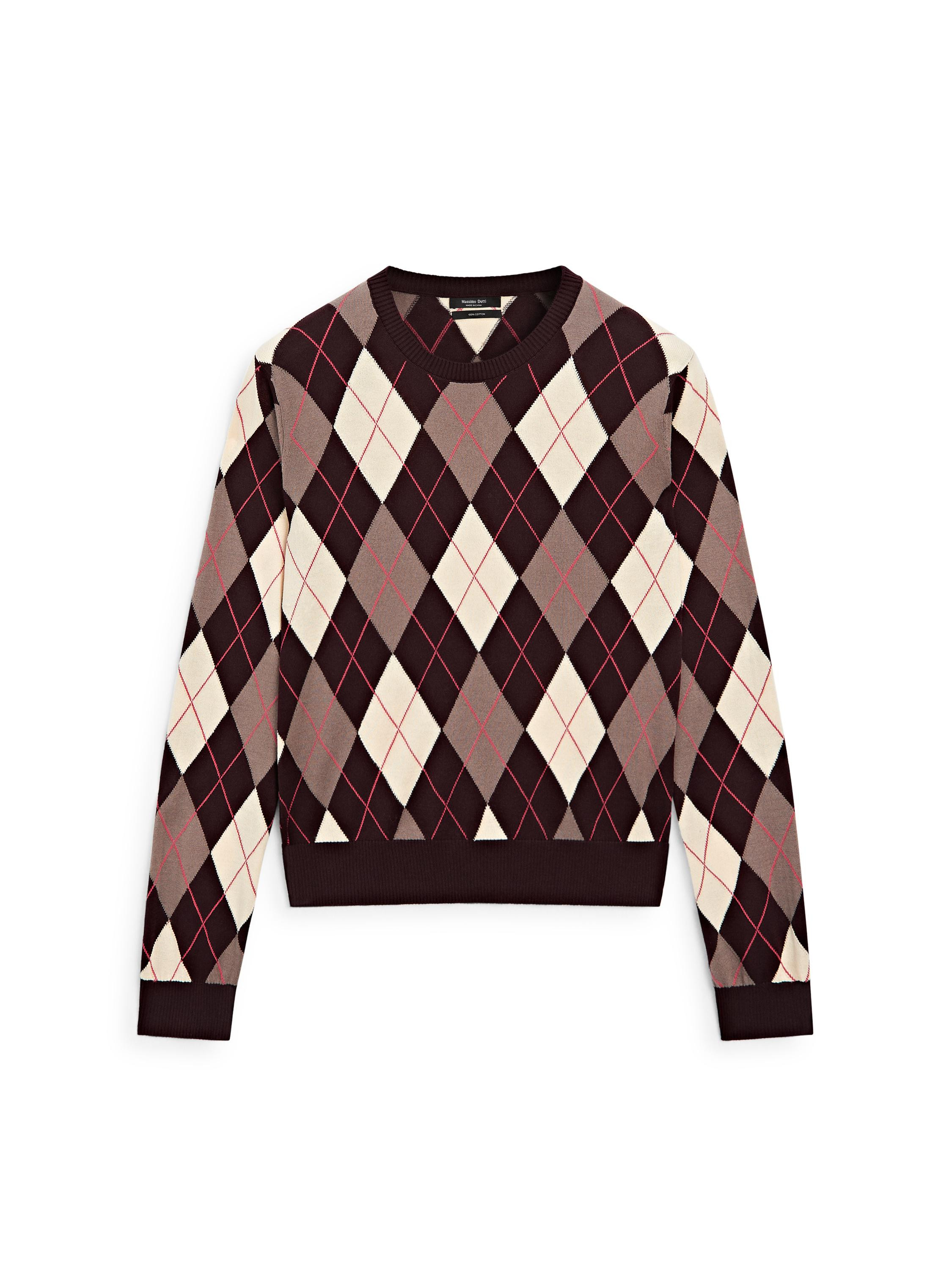 Cotton knit sweater with argyle detail | Massimo Dutti US