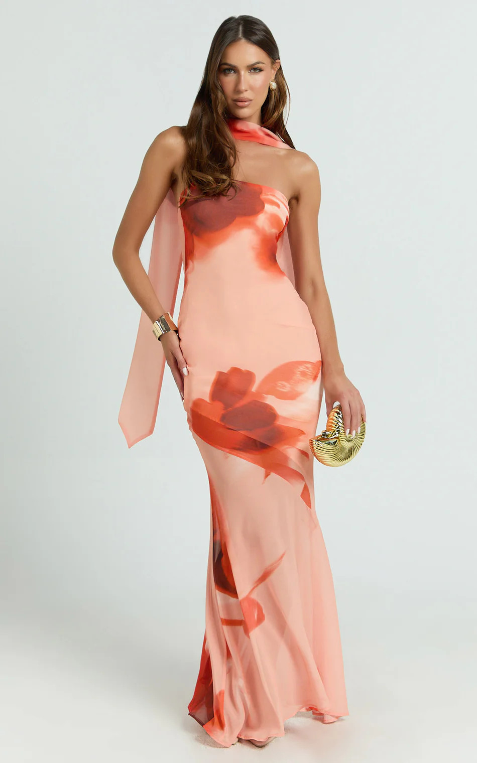 Angie Maxi Dress - Strapless Bias Column Dress with Scarf in Orange | Showpo (US, UK & Europe)