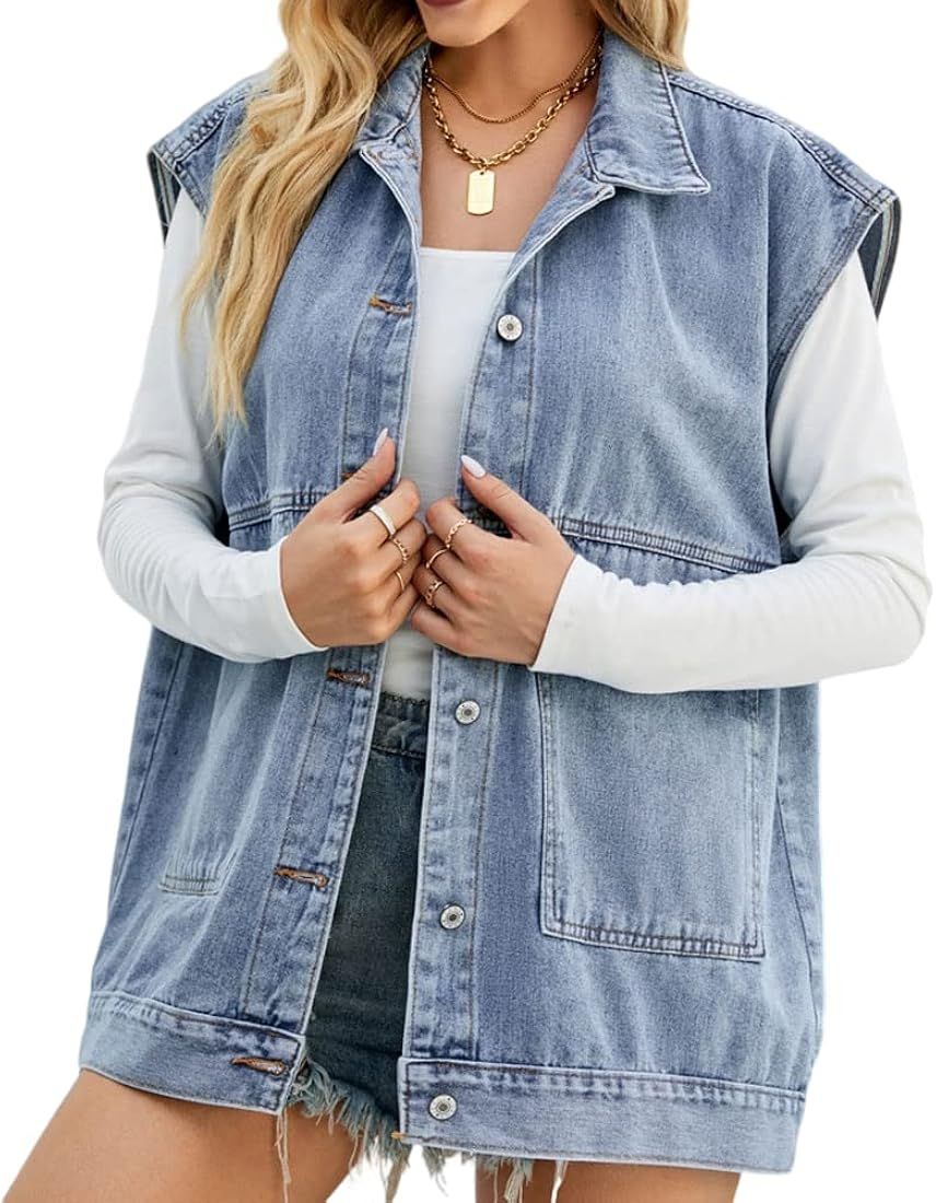 PAODIKUAI Women's Oversized Denim Vest Mid Long Jean Vest Sleeveless Jackets Distressed Vest Cott... | Amazon (US)