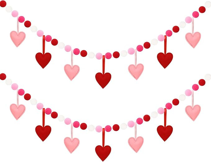 Jansun 2 Pcs Valenltines Day Felt Garland, Red Pink Hearts Felt Garland Pom Poms Garland for Mant... | Amazon (US)
