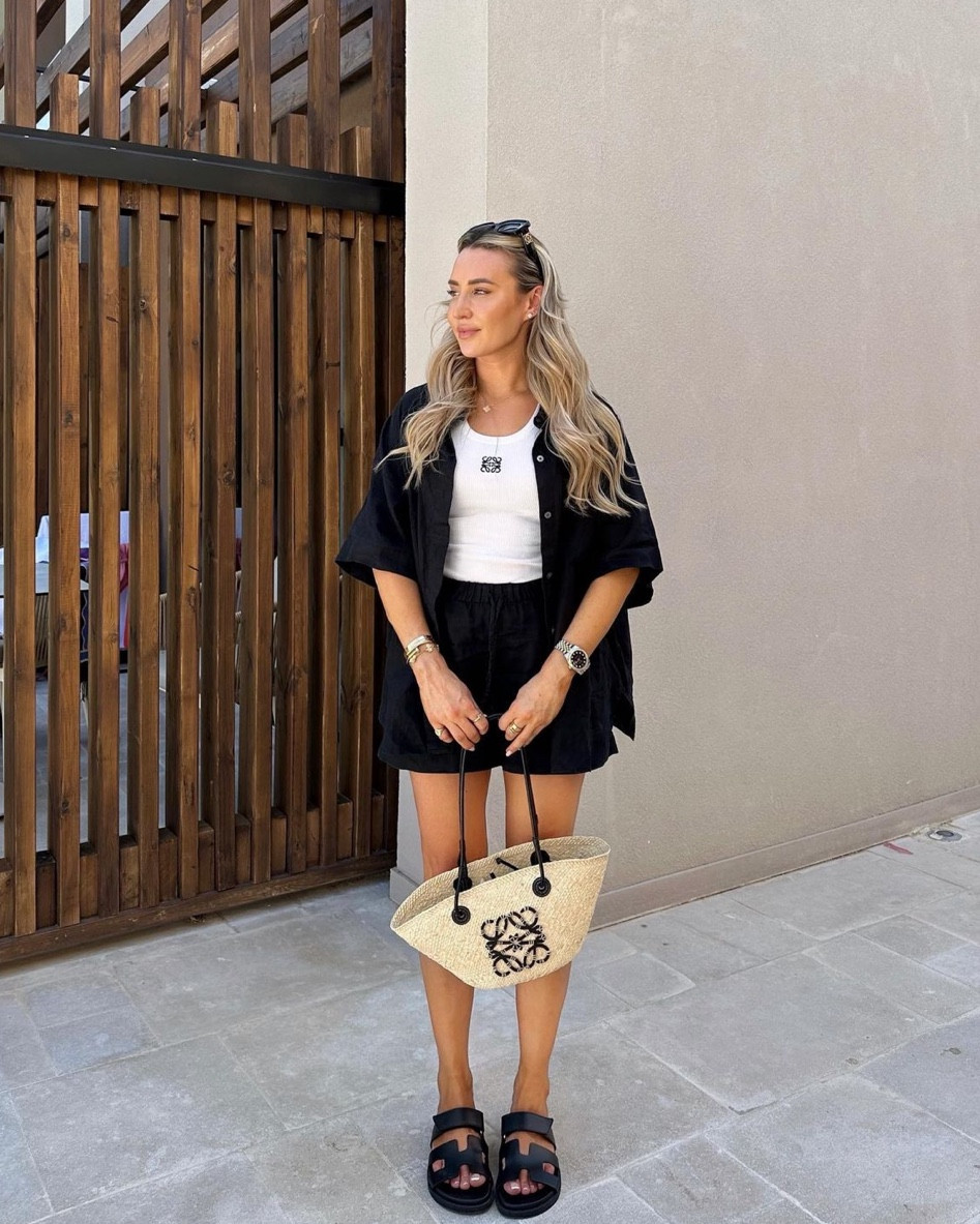Black & white holiday outfit - Loewe anagram vest top, Hermes black Chypre sandals (dupe linked), Loewe basket bag, Céline triomphe sunglasses & arket black linen co-ord 

#LTKSeasonal #LTKstyletip #LTKeurope