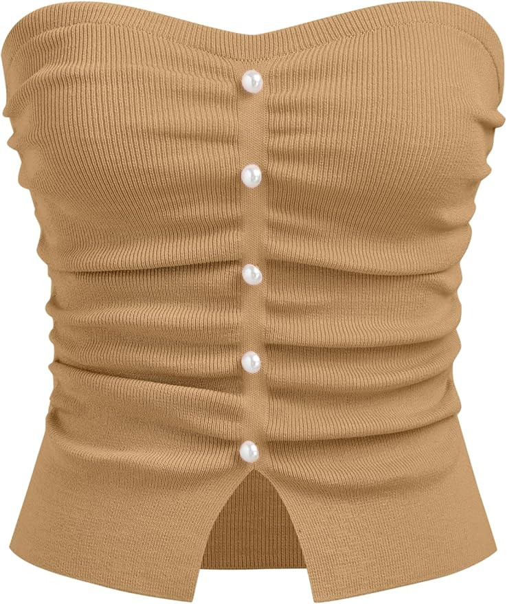 Faux Pearl Tube Tops for Women Crop Knit Split Hem Ruched Going Out Tops Cute Summer Outfits Y2K | Amazon (US)