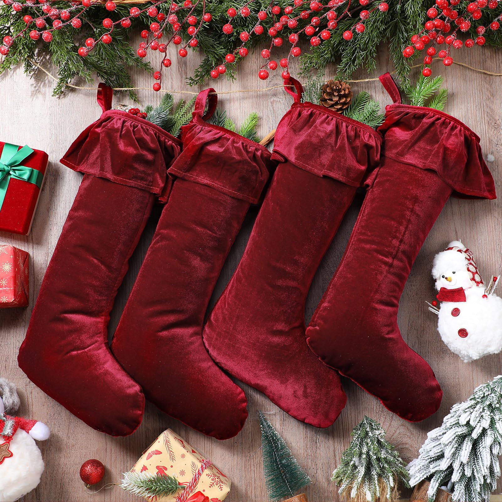 4 Pcs 11.8 x 19 Large Wine Red Velvet Christmas Stocking Xmas Plush Stocking Fireplace Decor Hanging Christmas Socks Candy Gift Fillers Suffer Bags for Family Xmas Tree Hanging Ornament | Amazon (US)