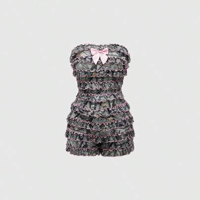 Y2K Style Camouflage Allover Print Multi-Layered Ruffle Edge Cake Mini Romper For Women | SHEIN