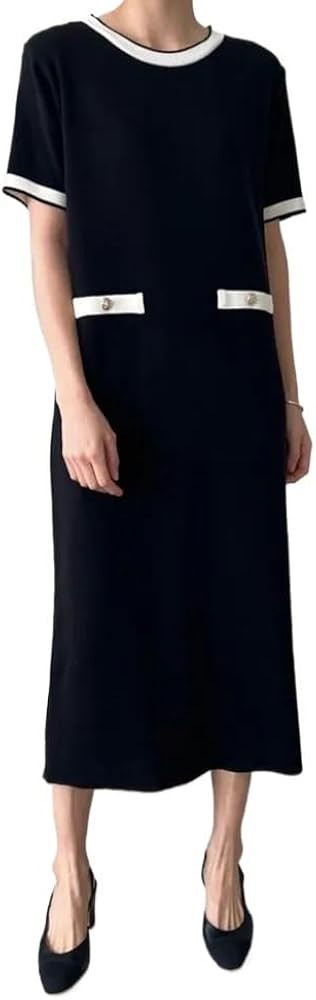 Casual Midi Long Dresses Elegant French Style Knit Dress Women O-Neck Contrast Color Short Sleeve... | Amazon (CA)