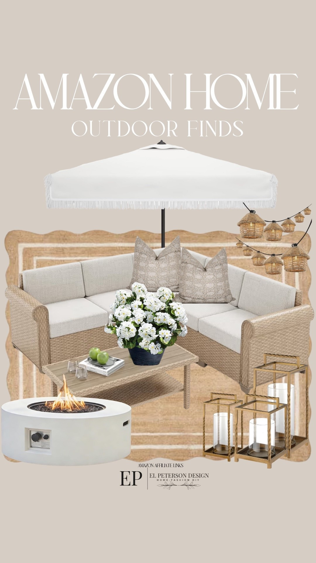 Amazon Outdoor
Area rug
Outdoor umbrella
Faux flowers
Floor lantern
Fire pit
Outdoor sectional
String lights 

#LTKHome