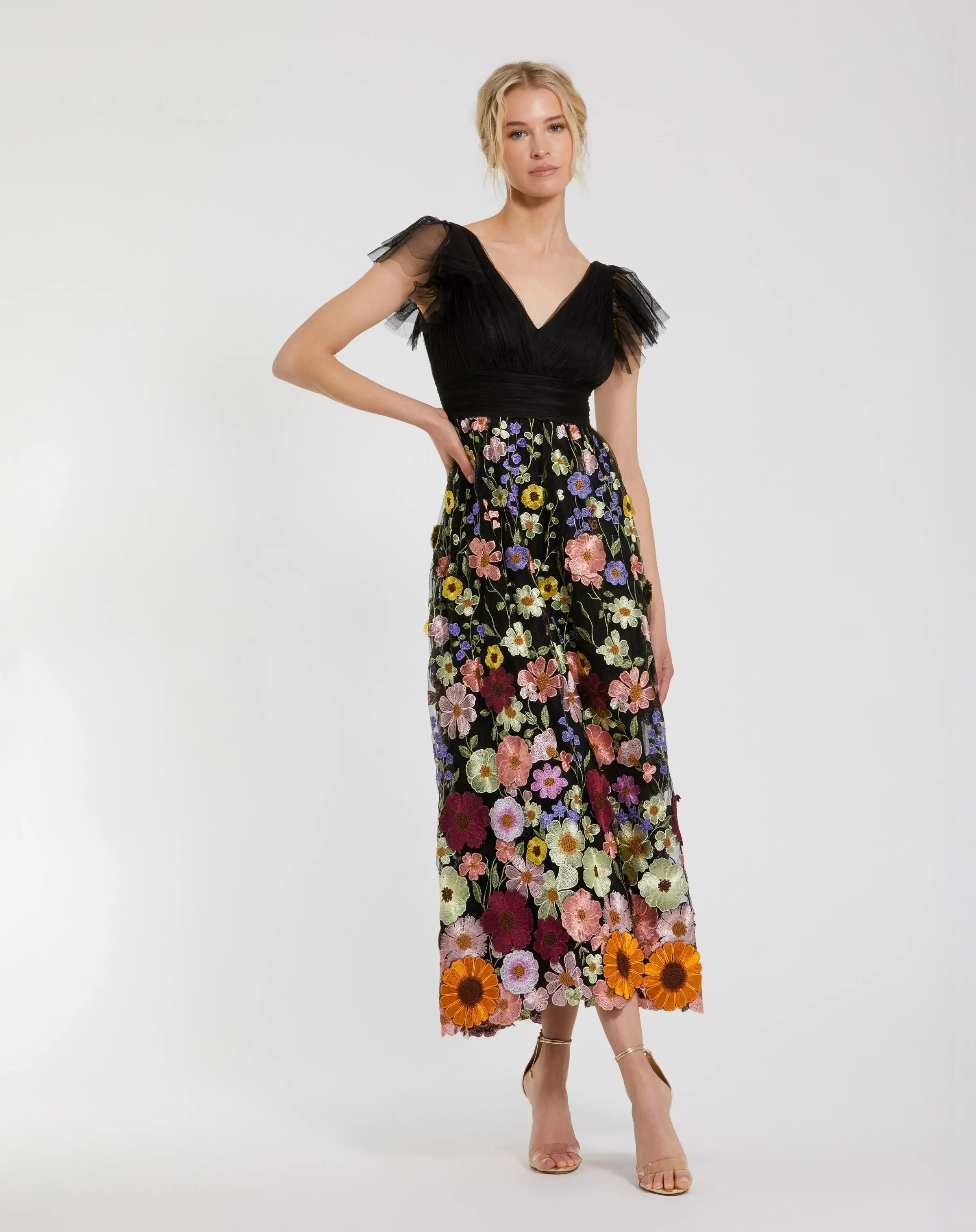 Black Multicolor Embroidered Flutter Sleeve Floral Dress | Mac Duggal | Mac Duggal