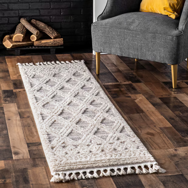 Beige Shaggy Lattice Tassel Area Rug | Rugs USA