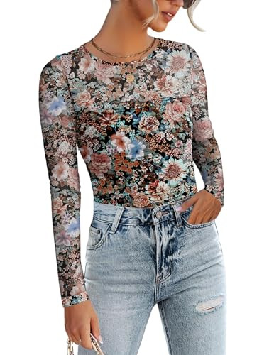 Zeagoo Floral Boho Blouses Sexy Mesh Long Sleeve Shirts for Women Lace Round Neck See Through Fitted Going Out Tops S | Amazon (US)