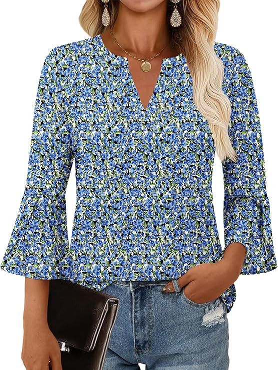 Women's Blouses Ruffle 3/4 Sleeve Dressy Top V Neck Casual Tunic Blouses Business Shirts S-XXL | Amazon (US)