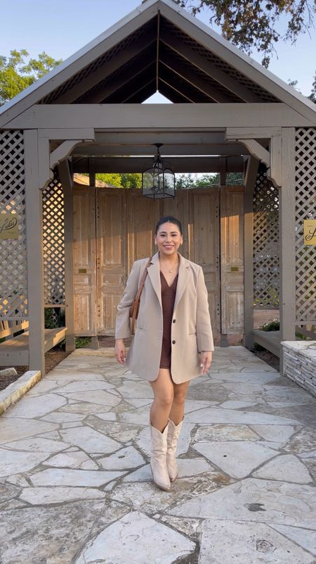 Dinner outfit idea 
Deep v mini dress: xs 
Oversized blazer: small 
Western boots: 6.5

#LTKStyleTip #LTKSeasonal #LTKFindsUnder100