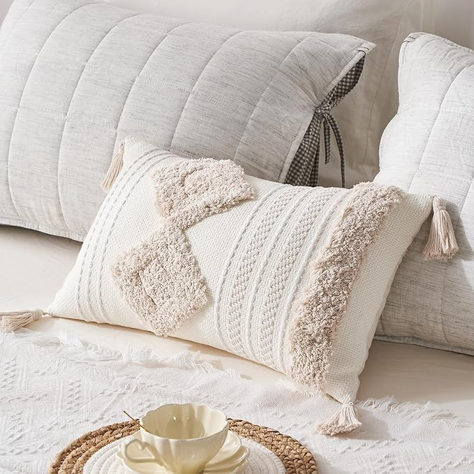 Boho Lumbar Pillow Cover 12x20 inch, Cream Decorative Accent Throw Pillow Cover, Woven Textured P... | Amazon (US)