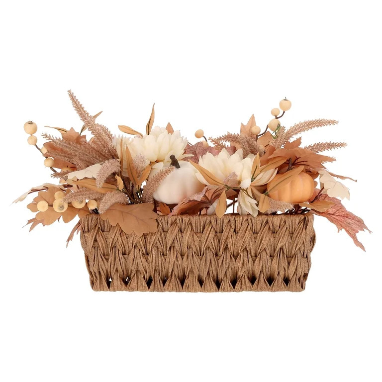 Pumpkins and Flowers Artificial Arrangement in Woven Basket, Cream and Brown, 10" x 18", Fall by ... | Walmart (US)