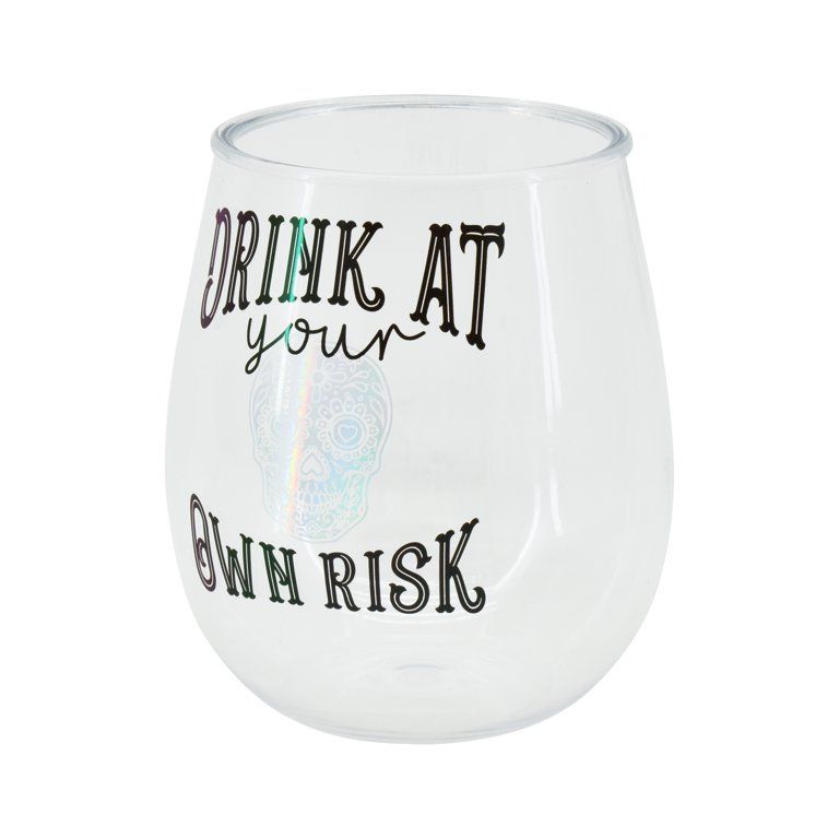 Way To Celebrate Halloween Plastic Stemless Wine Glass, Drink At Your Own Risk, 16 fl oz | Walmart (US)