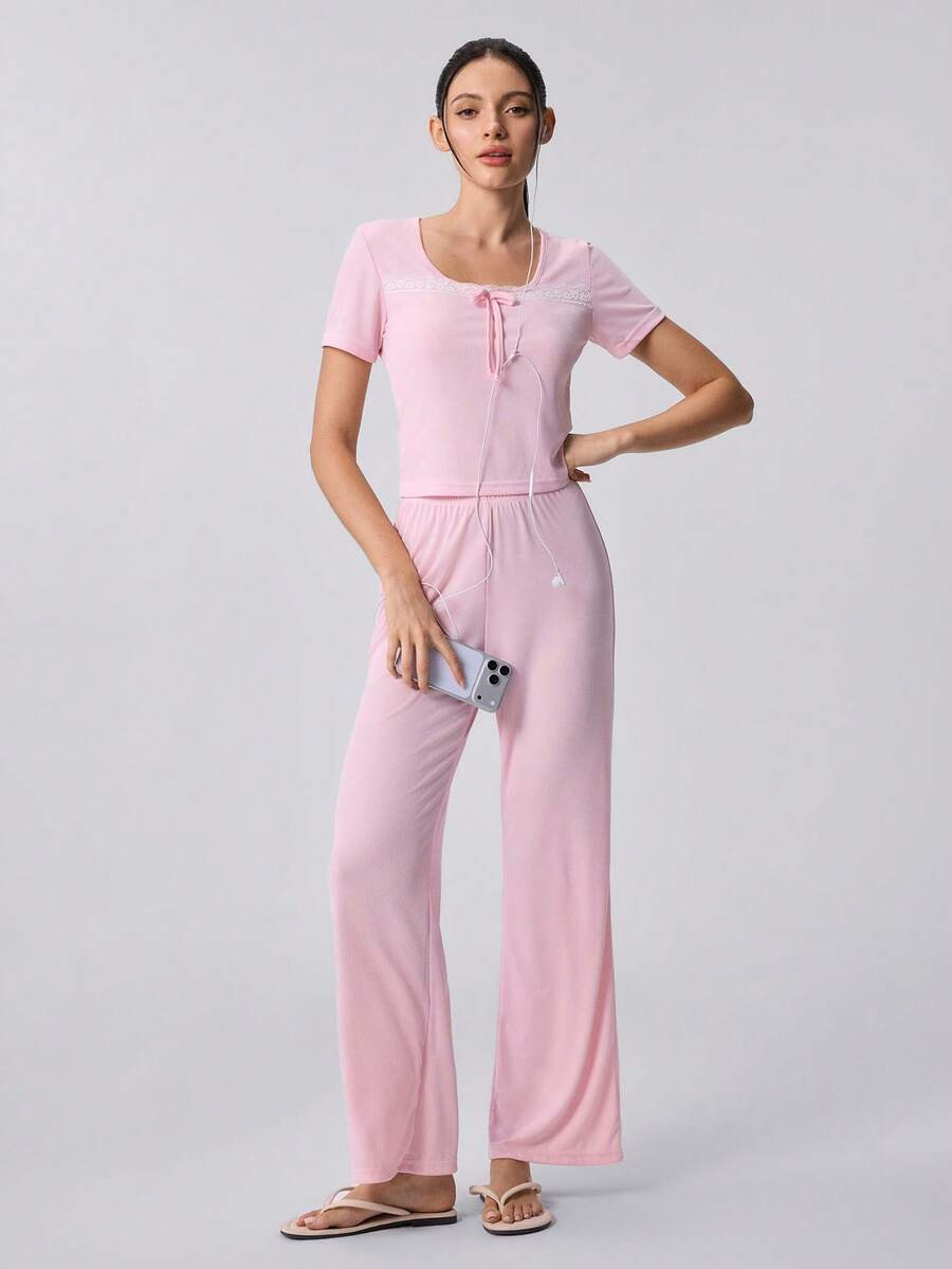Loungeista Women's Pink Front Tie Short Sleeve Top And Pants Pajama 2 Pieces Set | SHEIN
