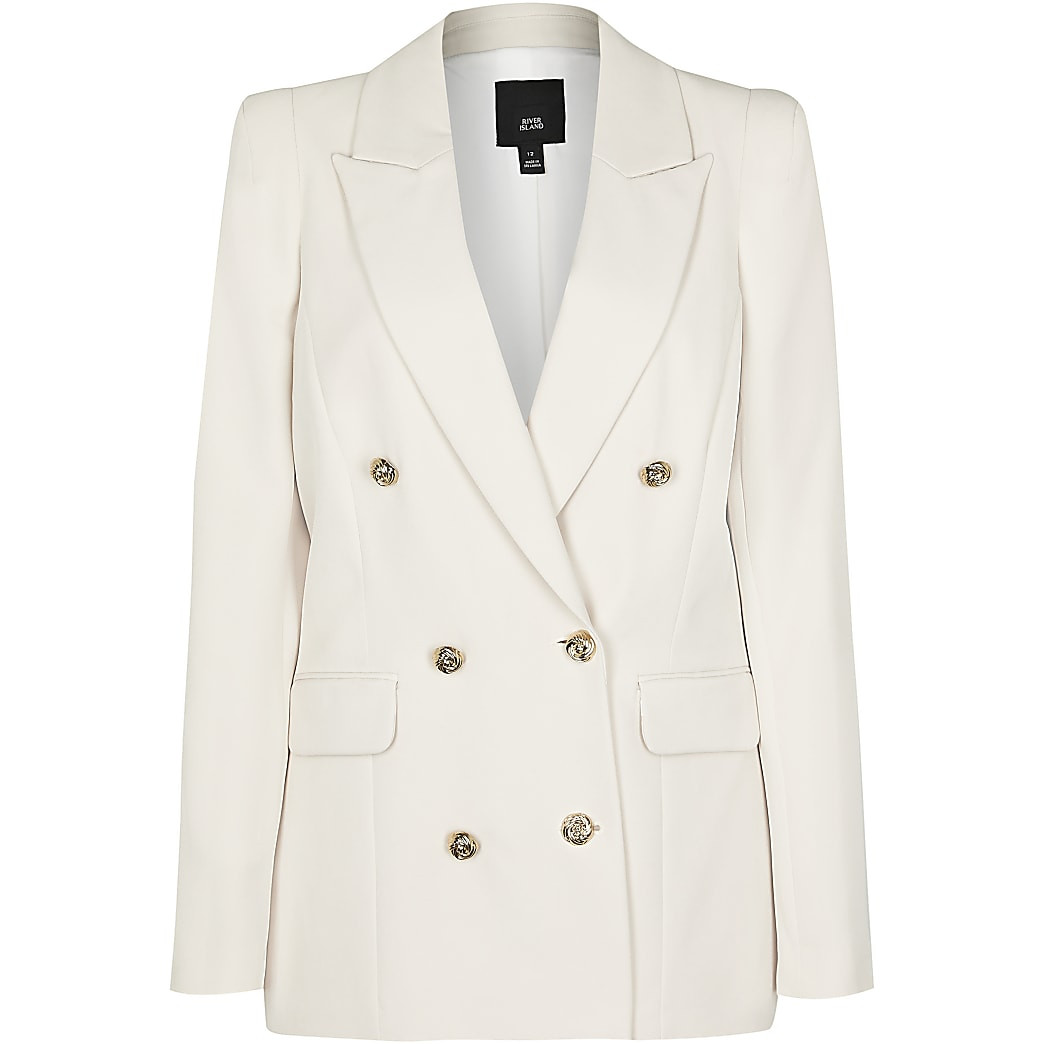 Cream fitted gold button blazer | River Island (UK & IE)