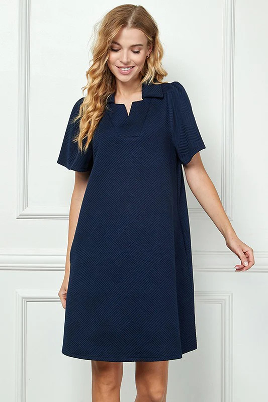 Navy Collared Textured Dress | HAILOS