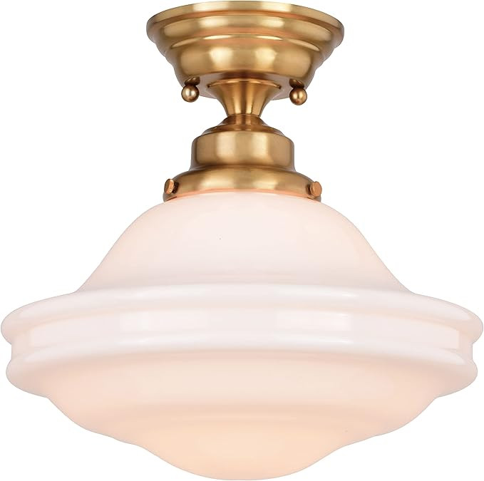 VAXCEL Huntley 12-in W Natural Brass Farmhouse Schoolhouse Semi Flush Mount Ceiling Light White G... | Amazon (US)