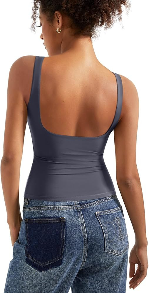 SUUKSESS Women Padded Open Back Boat Neck Tank Tops Double Lined Basic Shirts | Amazon (US)