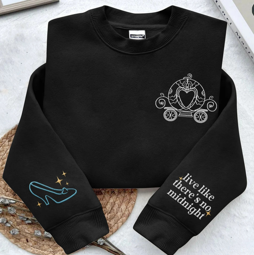 Embroidered Sleeve Cinderella Glass Slipper Pumpkin Carriage Sweatshirt, Live Like There's No Mid... | Etsy (US)