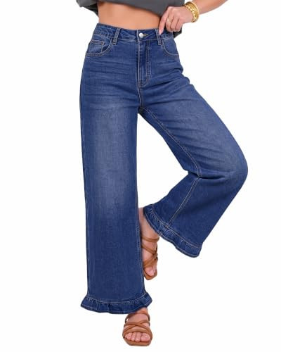 GRAPENT Wide Leg Jeans for Women Ruffle Hem High Waisted Ankle Denim Pants | Amazon (US)