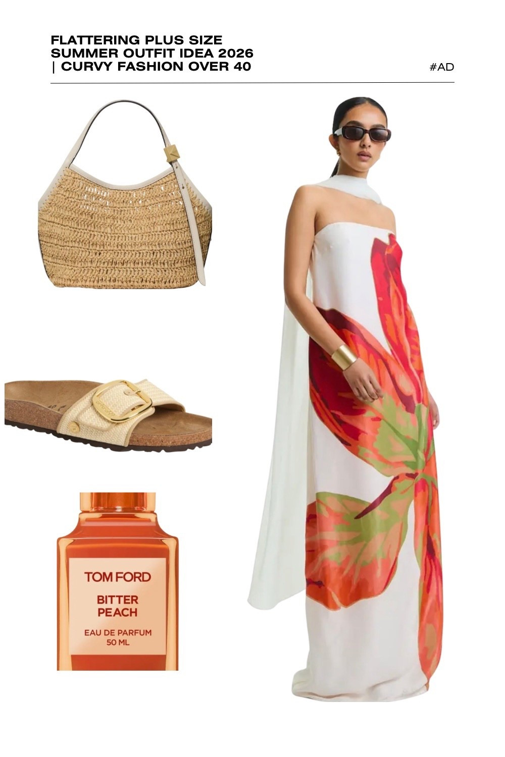 Make a sophisticated statement with this white and orange plus size summer outfit idea for 2026! This flattering strapless column dress features a dramatic, oversized botanical print and an elegant matching scarf detail—perfect for curvy fashion over 40. The sleek, floor-length silhouette offers a high-fashion look for a summer wedding guest, luxury vacation, or upscale garden party.
We’ve styled this vibrant floral dress with a woven straw hobo bag and comfortable cream buckle slide sandals to ground the look with natural textures. The ensemble is perfectly finished with the bold, sun-ripened scent of Tom Ford Bitter Peach. Discover how to style bold botanical prints for curvy figures this season. #PlusSizeFashion #TomFordBitterPeach #SummerOutfits2026 #ResortWear #CurvyStyle #StraplessMaxi #BotanicalPrint