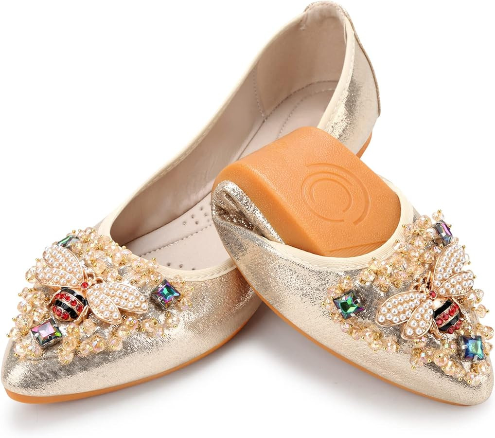 KUNWFNIX Women Ballet Flats Rhinestone Wedding Ballerina Shoes Foldable Sparkly Comfort Slip on F... | Amazon (US)