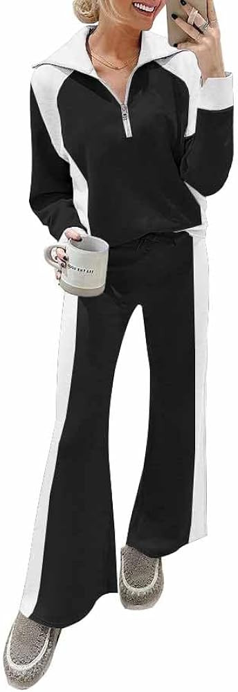 Women's 2 Piece Lounge Sets Half Zip Sweatshirt Wide Leg Pant with Pockets Sweatsuit Set | Amazon (US)