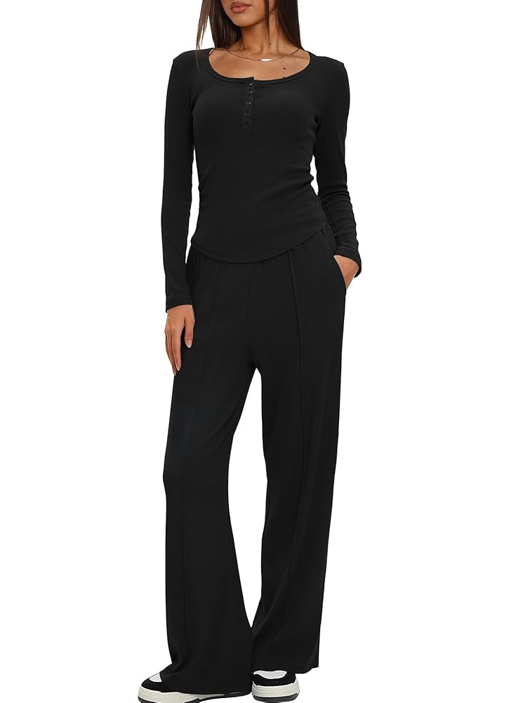Darong Women's Fall Trendy 2 Piece Outfits Lounge Sets Long Sleeve Top Henley Shirts Wide Leg Pan... | Amazon (US)