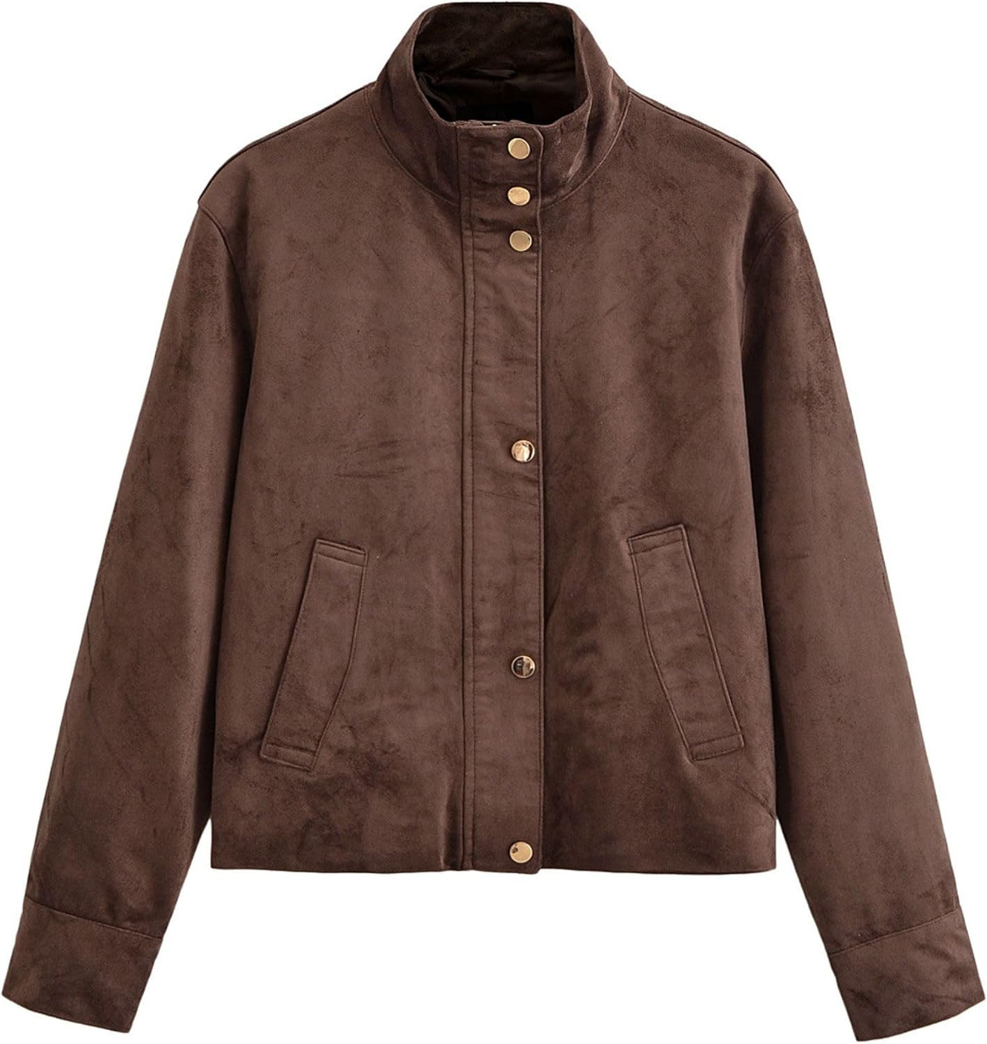 Xunger Women's Cropped Faux Suede Jacket Casual High Neck Utility Button Front Coat Streetwear Outerwear with Pockets | Amazon (US)