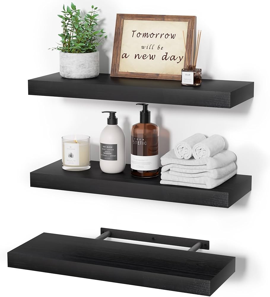 upsimples Floating Shelves with Invisible Brackets, Wall Mounted Rustic Wood Shelves Set of 3, Bl... | Amazon (CA)