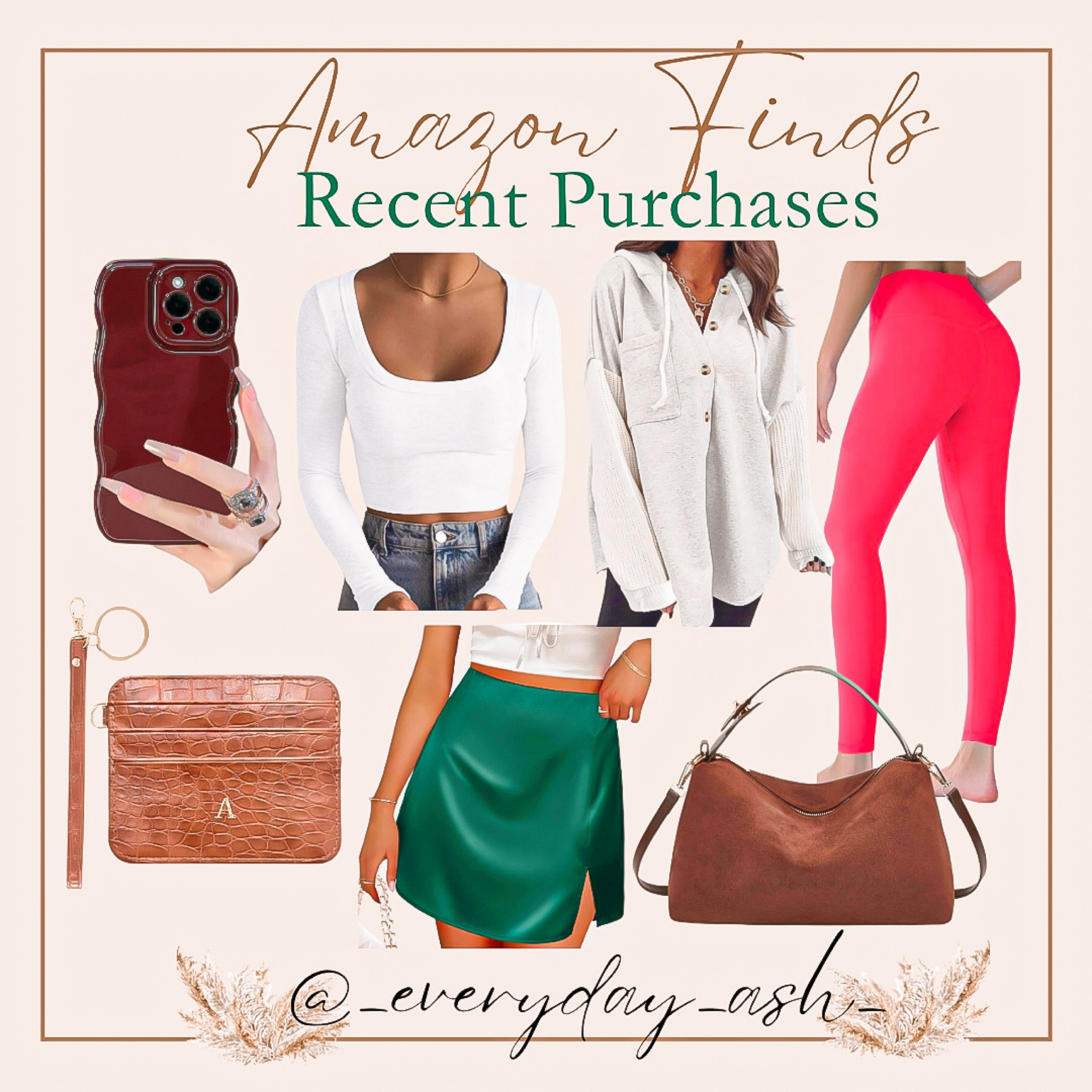 Recent Amazon purchases 

Phone case, white cropped shirt, women’s Henley, long sleeve button up, gift for her, red leggings, personalized wallet, green silk skirt, brown suede bag 

#LTKGiftGuide #LTKFindsUnder50 #LTKHoliday