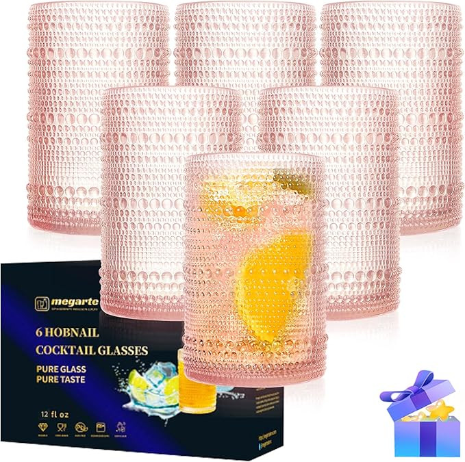 Hobnail Drinking Glasses Cocktail Glasses - 12 Oz Vintage Glassware Set Beaded Highball Glassware... | Amazon (US)