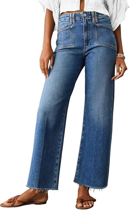Cicy Bell Womens High Waisted Cropped Jeans Trendy Stretchy Baggy Straight Leg Raw Hem Capri Deni... | Amazon (US)