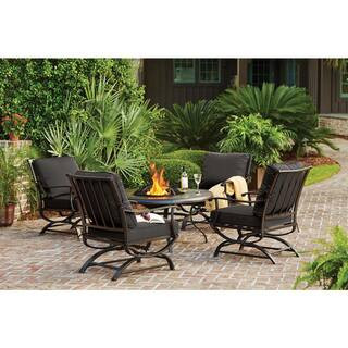 Redwood Valley Black 5-Piece Steel Outdoor Patio Fire Pit Seating Set with CushionGuard Putty Tan... | The Home Depot