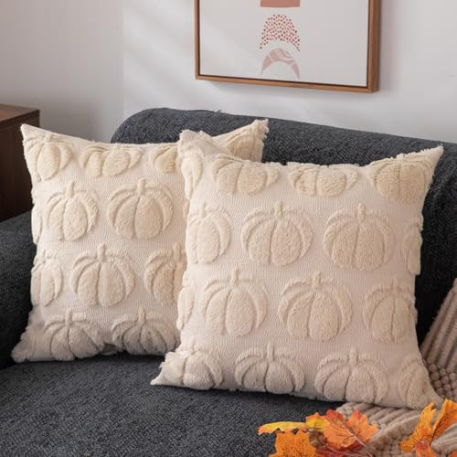 DFXSZ Fall Pillow Covers 16x16 Set of 2 Fall Decorations Autumn Beige Pumpkin Throw Pillow Cases Soft Plush Faux Fur Wool Couch Cushion Case for Chair Sofa Bedroom Living Room Home Decor PTK012B16 | Amazon (US)
