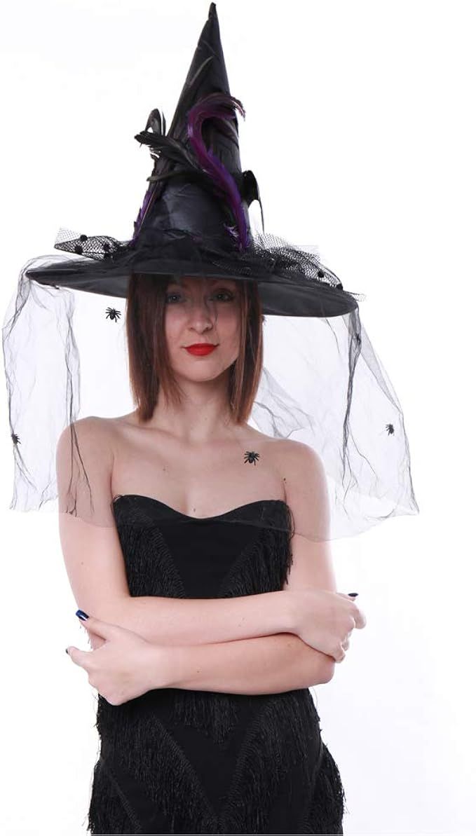 Crazy Night Women's Witch Hat Halloween Costume Witch Hat with Veil (Black) | Amazon (US)