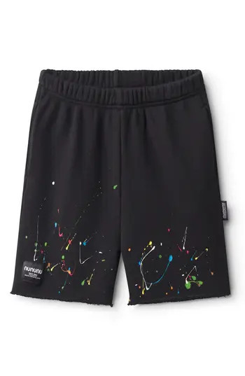 Nununu Kids' Paint Spatter Raw Hem Cotton Sweat Shorts in Black at Nordstrom Rack, Size 2-3Y | Nordstrom Rack