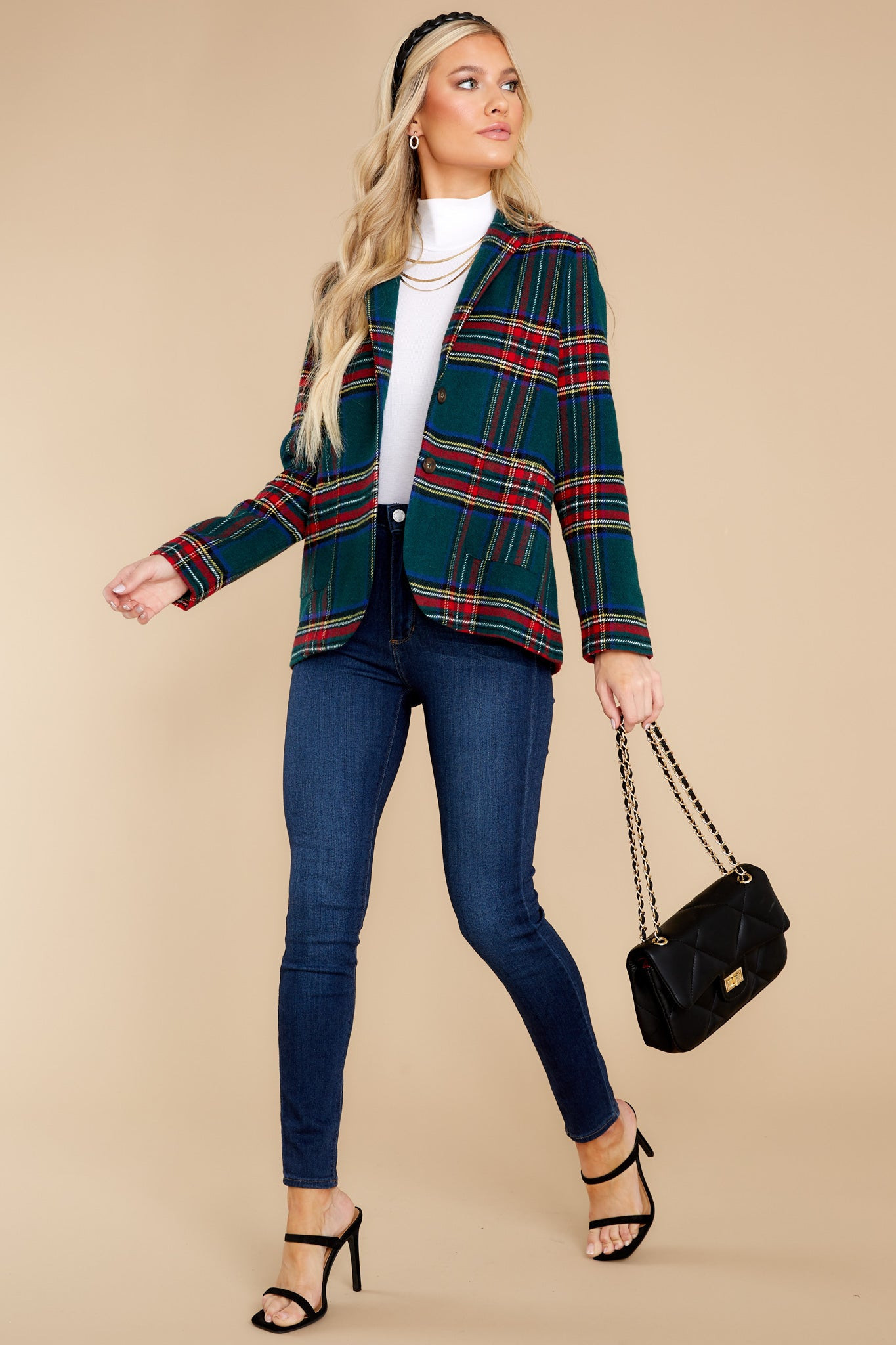 Dressed In Time Green Plaid Blazer | Red Dress 