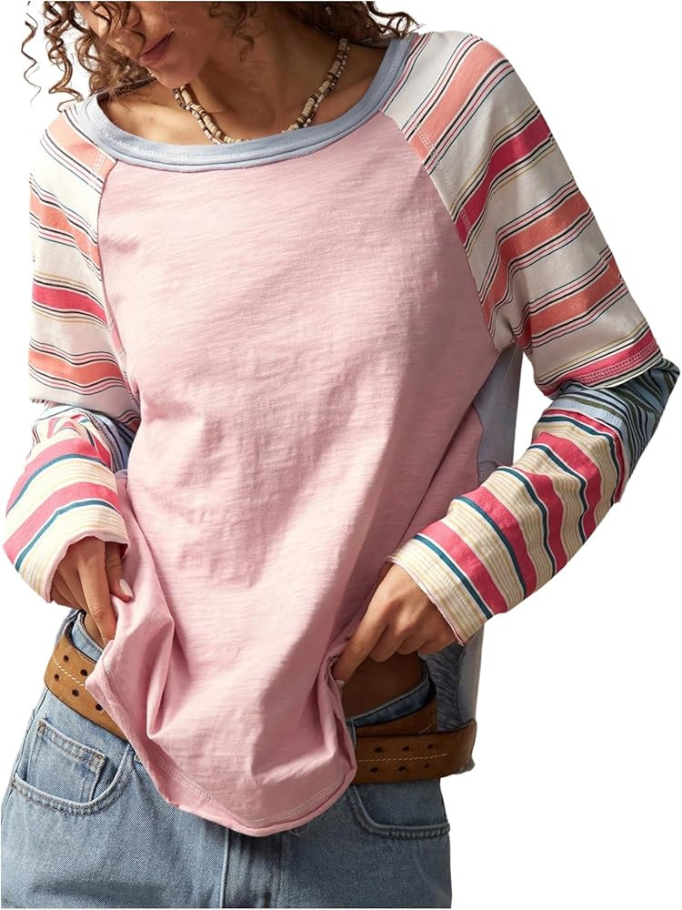 WDIRARA Women's Color Block Striped Long Sleeve T Shirts Crew Neck Tee Loose Patchwork Tops | Amazon (US)