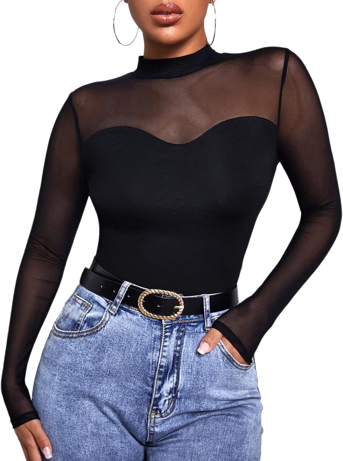 GORGLITTER Women's Turtleneck Long Sleeve Fall Tops Y2K Dressy Mock Neck Sexy Sheer Mesh Casual Going Out Tees Top 2025 | Amazon (US)