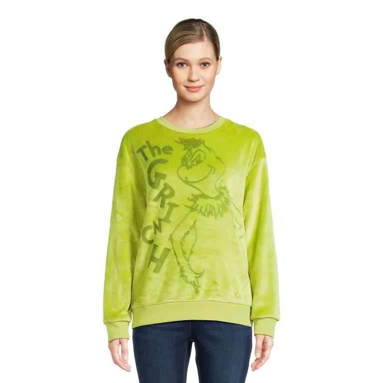 Dr. Seuss The Grinch Juniors’ Plush Sweatshirt with Long Sleeves, Sizes XS-XXXL | Walmart (US)