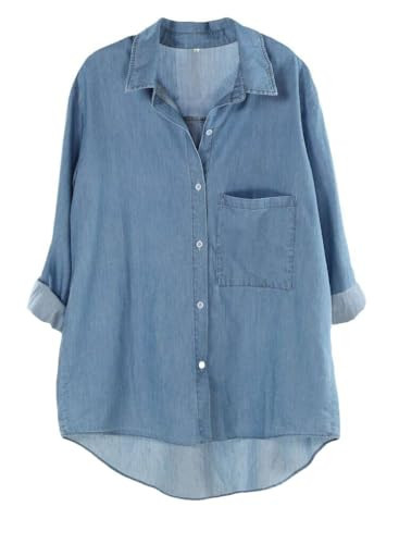 Minibee Women's Casual Cotton Linen Blouse Plus Size High Low Shirt Long Sleeve Tops Denim Blue 2XL | Amazon (US)